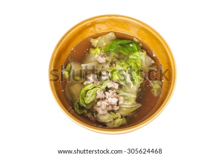 Soup made from pork and vegetable isolated on white, Food rainy season
