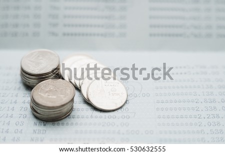 Double exposure hand with stack of coins and utility bill with calculator and account banking for finance, Money and finance concept