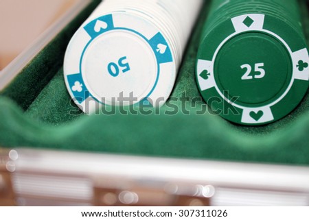 Silver case with poker chips on a table