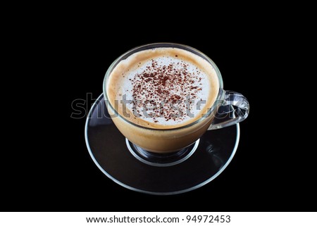 Glass cup coffee cappuccino, latte isolated on black