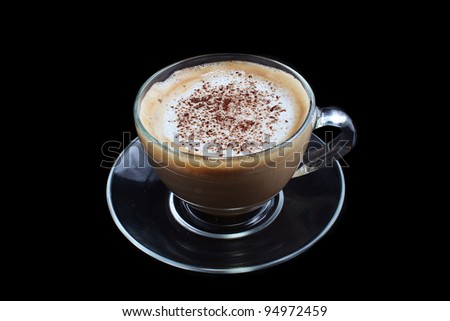 Glass cup coffee cappuccino, latte isolated on black
