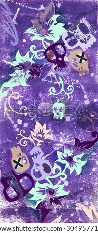 Texture with skulls, vegetable motives, flowers and leaves. Background. Vintage.