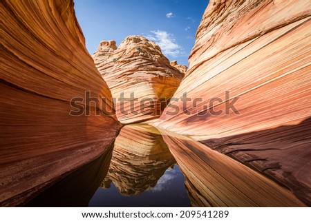 Reflections at The Wave, Arizona, amazing canyon rock formation near page. Vermillion Cliffs, Paria Canyon State Park, wilderness