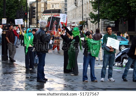 LONDON - 28 JULY: Young Iranian students demonstrate for free Iran on July 28, 2009 in London, England