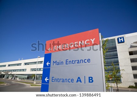 Modern Hospital And Sign With Clear Blue Sky Taken In Brampton Ontario Canada