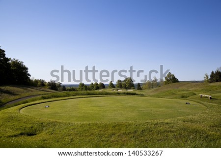 Golf course tee off area with sand trap and fairway in Toronto Ontario, Canada