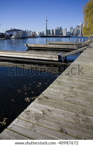 View of Toronto from Toronto island with docks in the foreground