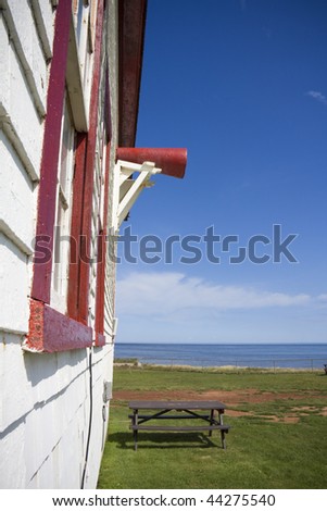 Side of lighthouse overlooking the Atlantic ocean shot in East Point, PEI