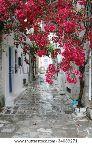 A small alley in a picturesque Greek island after rain