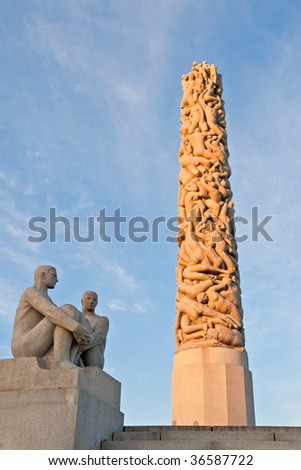 The Vigeland sculpture park in Oslo, Norway by sunset