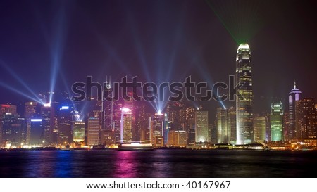 Symphony of lights in Hongkong China from Kowloon side across from Victor Harbor