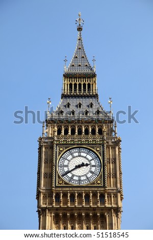 The most famous Big Ben clock tower in London England isolated by pure blue sky