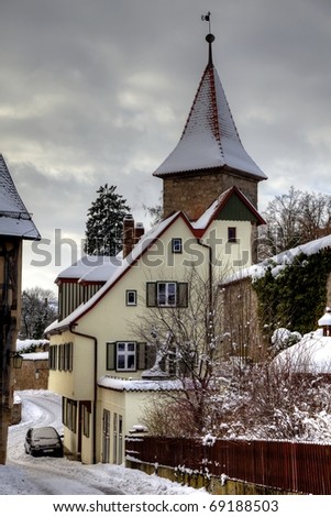 Romantic and historical town Dinkelsbuhl Germany after snow during Christmas and New Year