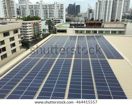 Solar panels on the rooftop of office building
