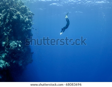 The freediver moves underwater near the coral reef at the depth of Blue Hole. Read Sea, Egypt.