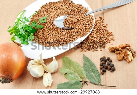 An ingredients for a boiled buckwheat separated on a table