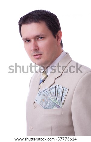 Caucasian businessman in white suit, and pocket full of money. White background.