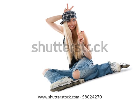 Caucasian woman sitting with rolls on legs. Cap on head, Isolated over white background.