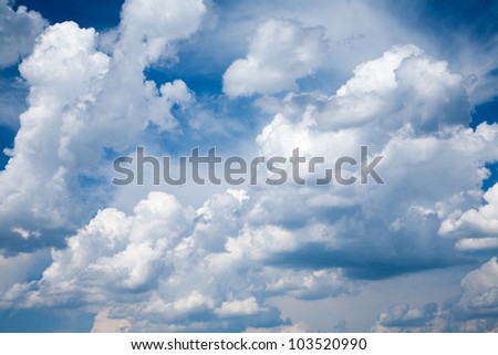 View of a bright summer sunny sky covered with cumulus clouds