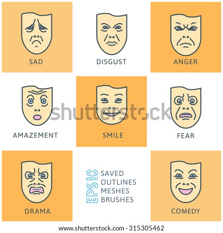 flat icons of emotions set. Emotion and expression masks, smile funny and angry, vector illustration
