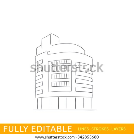 A modern commerce building in the Hague Holland. Sketch line flat design of commerce architecture. Modern vector illustration concept. Fully editable outlines, saved brushes and layers.