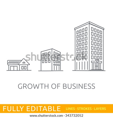 Growth of business. Buildings of company small, middle and big. Sketch line flat design of commerce architecture. Modern vector illustration concept. Fully editable outlines, saved brushes and layers.