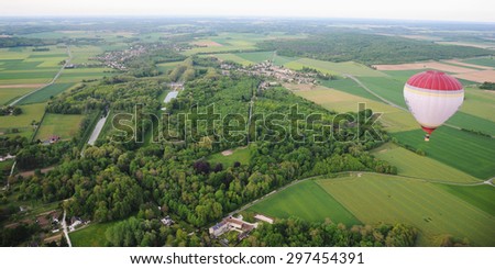 FONTAINEBLEAU - FRANCE, MAY 2014: aerial view balloon above the Fontainebleau region