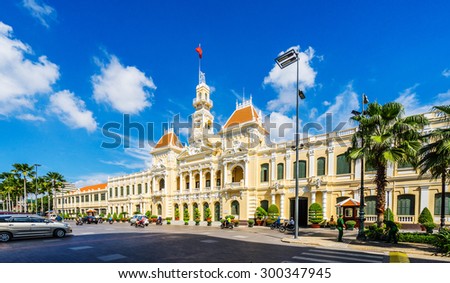 HO CHI MINH CITY, VIETNAM - Jun 26-2015: The Saigon City Hall, as known as People's Committee Building in Ho Chi Minh City  The City Hall built in 1902 - 1908 in French Colonial style