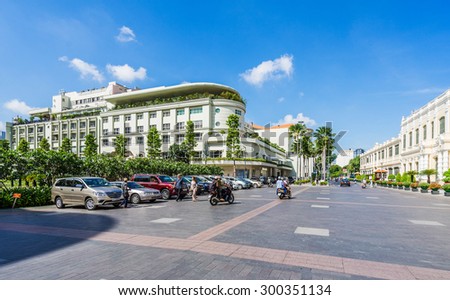 HO CHI MINH CITY, VIETNAM - Jul 26, 2015 : Nguyen Hue pedestrian street with Saigon Tax Trade Center, office buildings surround.