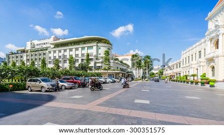 HO CHI MINH CITY, VIETNAM - Jul 26, 2015 : Nguyen Hue pedestrian street with Saigon Tax Trade Center, office buildings surround.