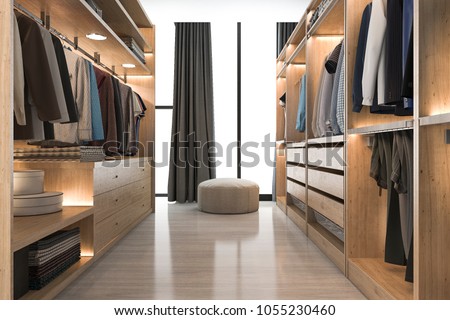 3d rendering modern scandinavian white wood walk in closet with wardrobe near window