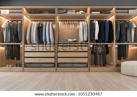 3d rendering modern scandinavian white wood walk in closet with wardrobe near window