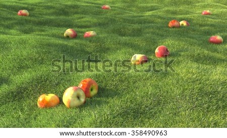 3D rendering realistic green grass field summer with apple