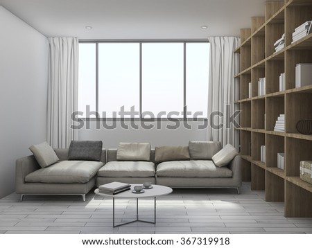 3d rendering living room with wood bookshelf