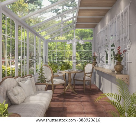 3d rendering beautiful tea room with glass house design