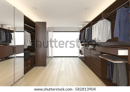 3d rendering beautiful wood horizontal wardrobe and walk in closet near window
