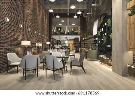 3d rendering loft and luxury hotel reception and cafe lounge restaurant