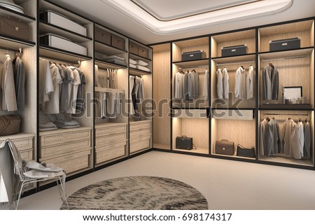 3d rendering minimal loft luxury wood walk in closet with wardrobe