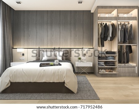 3d rendering luxury modern bedroom suite in hotel with wardrobe and walk in closet
