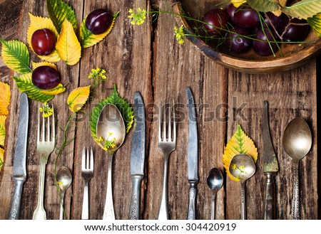 rustic wooden background with autumn decoration,  menu Restaurant menu background, Autumn harvest background   Rustic autumn table setting