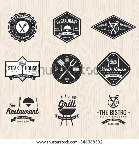 Set of badges, labels and logos for restaurant, foods shop, steak house and barbecue