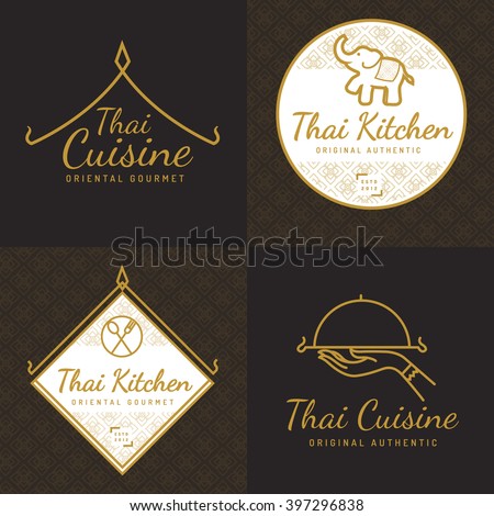 Set of golden color Thai food logo, badges, banners, emblem for asian food restaurant with thai pattern. Vector illustration.