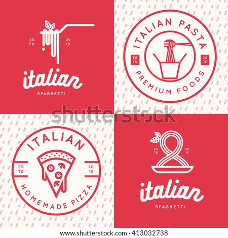 Set of italian food logo, badges, banners, emblem for fast food, pizza, spaghetti, pasta restaurant. Vector illustration.