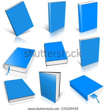 Nine blue light empty book template on white background.