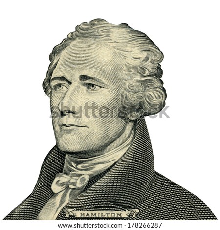 Portrait of U.S. president Alexander Hamilton as he looks on ten dollar bill obverse. Clipping path included.
