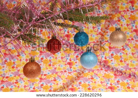 Green christmas tree outfit, christmas toys: red, green, blue. Wallpaper background