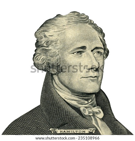 Portrait of U.S. president Alexander Hamilton as he looks on ten dollar bill obverse. Clipping path included.