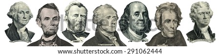 President portraits from money isolated on white. Head turned to the right