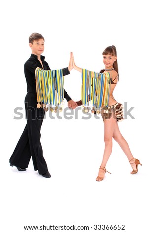 Many gold, silver, and bronze medals winner ballroom dance boy and girl isolated on white background
