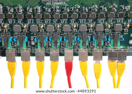 Macro close-up RJ45 network plugs red and yellow. Connect to circuit board.